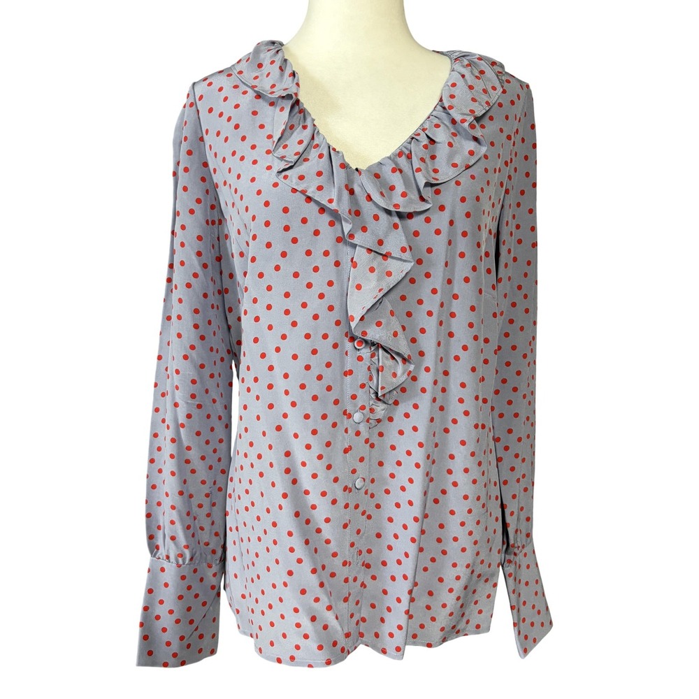 Boden Blouse Womens 8 Blue Polka Dot Silk Ruffle V Neck Button Up Long Sleeve
